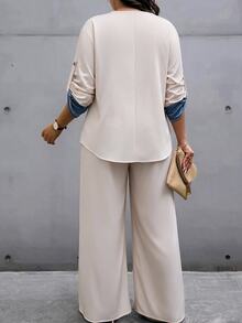 Weeklong Women's Plus Size Spring/Autumn Notch Collar Denim Effect Print Loose Fit 2 Pieces Set With Straight Leg Pants - Apricot - View 2