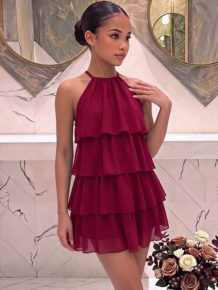 Tween Girl Burgundy Halter Neck Tie Mini Dress - Burgundy - View 1