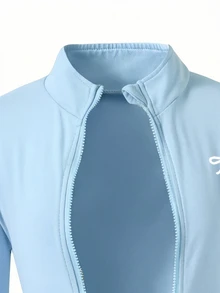 SHEIN 少女風黑色3件套：立領夾克 + 吊帶背心 + 喇叭褲，修身柔美優雅運動休閒風，適合校園與校外秋季穿搭 - 淺藍色 - 查看 4