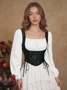 SHEIN MOD 米色棕色花卉宮廷風燈籠袖前綁帶襯衫，適合慕尼黑啤酒節、茶會、早午餐、度假、秋季鄉村風 - 黑色 - 查看 7