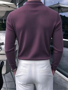 Calvornis 男士素色休閒日常長袖 Polo 衫 - 紫色 - 查看 2