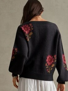 WESTFADE Floral Intarsia Sweater, Fall, Autumn Clothes, Winter Outfit, Cowgirl, Western, Country Concert, Cute, Festival, Thanksgiving, Boho - Multicolor - View 3