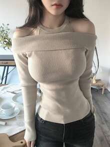 DAZY Solid Color Slim Fit Cold Shoulder Long Sleeve Elegant Vacation Korean Style Autumn/Winter Knit Sweater For Women - Apricot - View 7