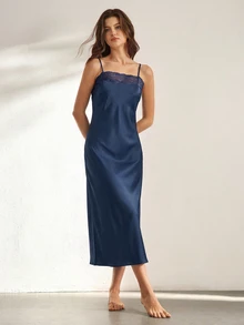 Ocili Women's Solid Color Lace Patchwork Camisole Nightgown - Navy Blue - View 4