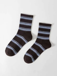 SHEIN 1/5 Women's Mid-Calf Socks In Maillard Color Palette, Polka Dot & Striped Patchwork All-Match Socks, Versatile For Autumn/Winter Daily Commute - Multicolor - View 3