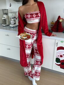 ZzzCrew Bộ đồ ngủ lông bông họa tiết bông tuyết Giáng Sinh 3 món (áo hai dây + quần dài + áo choàng buộc trước) - Đỏ - Xem 3