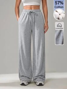 SHEIN Tall بنطال رياضي كاجوال نسائي بتصميم بسيط متعدد الاستخدامات بلون موحد مع خصر برباط وساق واسعة - رمادي - مشاهدة 4