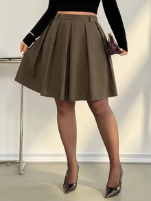 Auralis 大尺碼女款百褶中長裙，優雅辦公開學穿搭，黑白配色，秋季復古學院風喇叭A字收腰下身裙 - 卡其色 - 查看 5