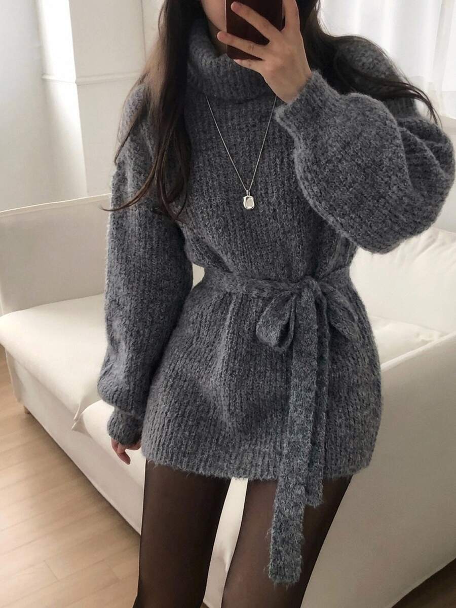DAZY 女款高領純色長袖綁帶優雅韓風毛衣 - 灰色 - 查看 1
