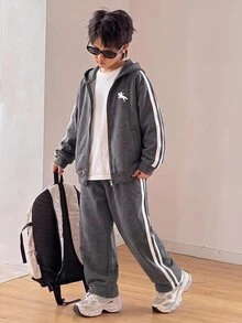 SHEIN 2pcs Kids Tween Boy Casual Minimalist Pony Logo Loose Long Sleeve Zip-Up Hoodie & Sweatpants Set, Suitable For Autumn/Winter - Grey - View 4