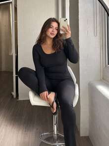 Dazy Plus Fashion Basic Slim Fit Thermal Lined Thickened Autumn/Winter Long Pants Loungewear Pajama Set - Black - View 5