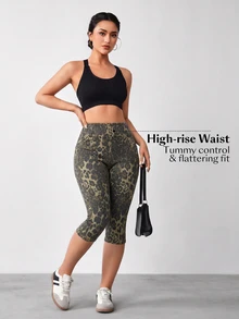 Flexra Plus Size Women's Leopard Print Pocket Casual Daily 7/8 Length Denim Jeans - Multicolor - View 6