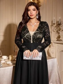 Reflora Plus Size Sweet Lace Ruffle Long Sleeve Dress - Black - View 6
