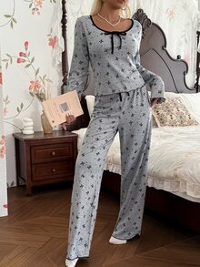 CottageSlumber Bộ đồ ngủ dài tay họa tiết chấm bi nơ phong cách thoải mái, phù hợp mặc đi chơi và mặc ở nhà - Xám - Xem 5