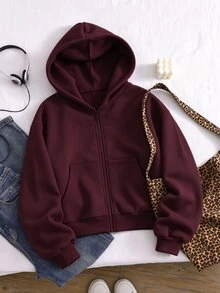 SHEIN 青少年女孩長袖抓絨內裡純色黑色夾克，萬聖節冬季風格，街頭穿搭寬鬆版型 - 酒紅色 - 查看 4