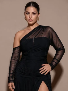 SHEIN BAE CURVE Plus Size Women's Black Long Sleeve Mesh Bodysuit - Black - View 9