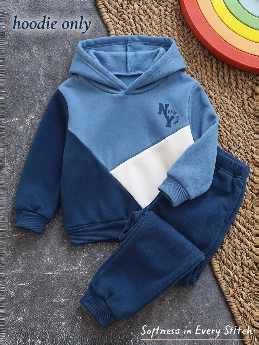 Cozy Pixies 男嬰童休閒日常圓領藍白拼接抓絨衛衣 秋冬款 - 彩色 - 查看 1