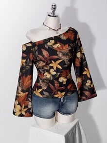 SHEIN ICON 女款休閒浪漫花卉印花大尺碼不對稱肩長袖T恤 - 彩色 - 查看 5