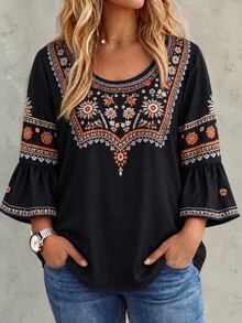 Linhara CURVE Plus Size Women's Print Blouse, Round Neck, Ruffle Flare 3/4 Sleeve, Suitable For Best Friend Gatherings, Couple Dates, Beach, Travel - Black - View 1