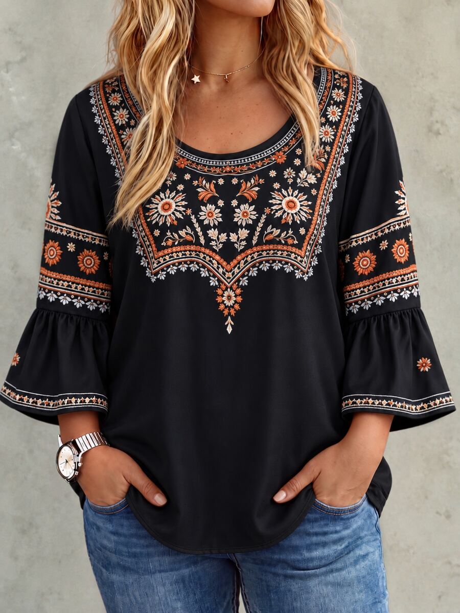 Linhara CURVE Plus Size Women's Print Blouse, Round Neck, Ruffle Flare 3/4 Sleeve, Suitable For Best Friend Gatherings, Couple Dates, Beach, Travel - Black - View 1