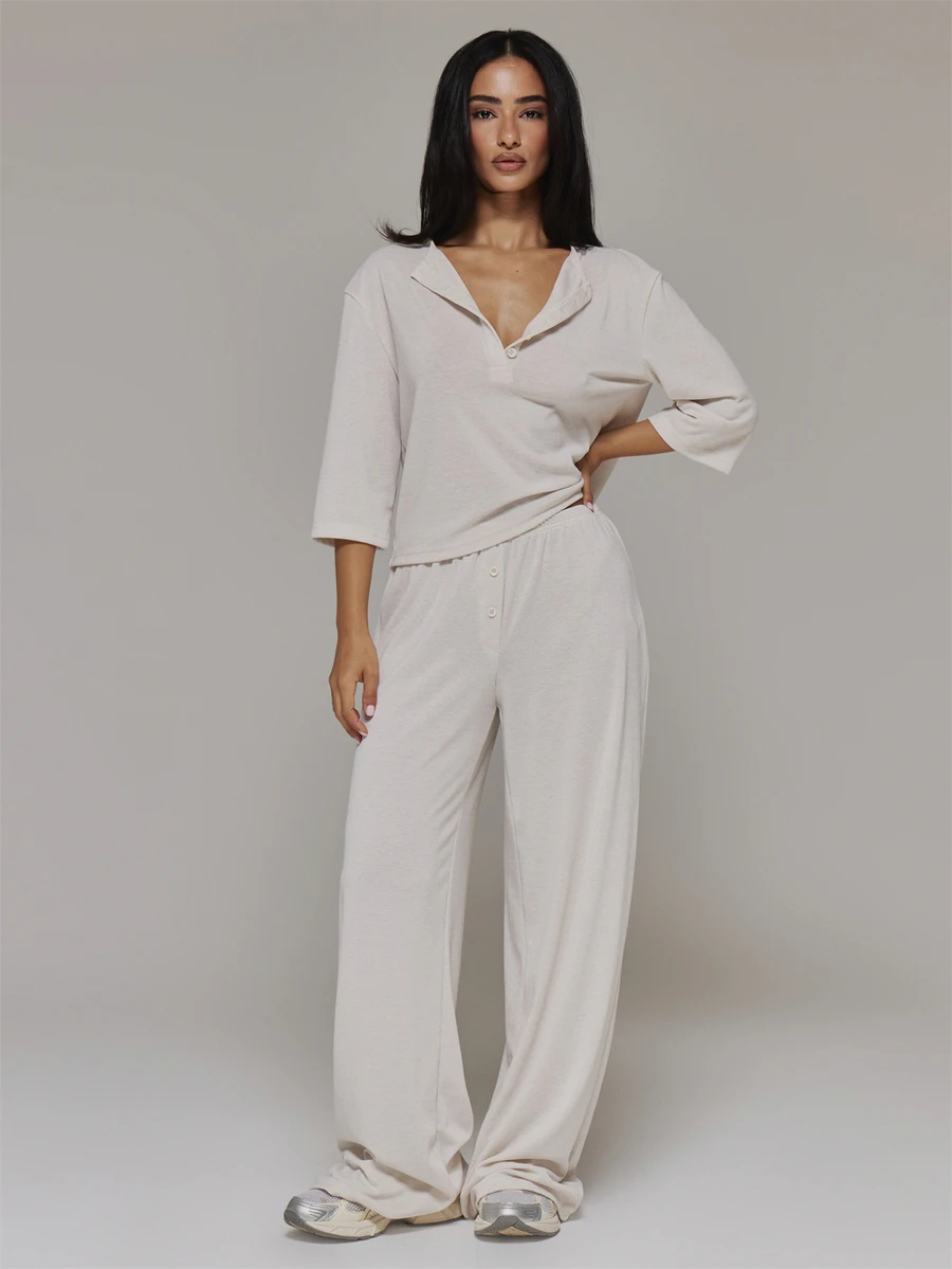 MUSERA Button Down 3/4 Sleeve Top And Mid Rise Baggy Trousers Co Ord Sold As Set Fall Autumn Winter Oatmilk Society Everyday Christmas Cute Coolgirl - Khaki - View 1