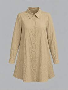SHEIN LUNE Plus Size Plain Button Front Long Sleeve Pocket Casual Blouse, Everyday Wear Women Shirt Fall - Khaki - View 3
