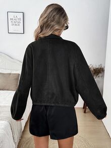 SHEIN LUNE 女款休閒街頭風時尚秋冬通勤日常基本款麂皮外套 橄欖綠 適合公路旅行旅遊度假 - 黑色 - 查看 8