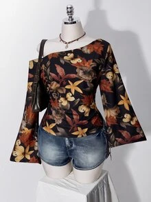 SHEIN ICON 女款休閒浪漫花卉印花大尺碼不對稱肩長袖T恤 - 彩色 - 查看 4