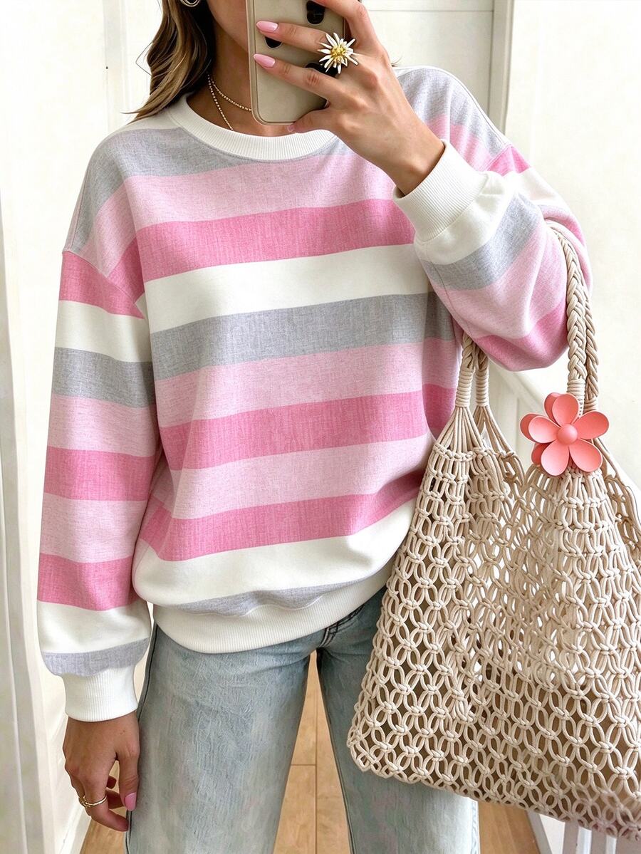 EMERY ROSE Plus Size Women's Pink Striped Sweatshirt,Casual Crew Neck Autumn Winter Top - White - View 1