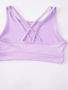 SHEIN 女童 3 件式運動套裝，後背交叉肩帶背心 + 修身長褲 + 紫色蝴蝶結印花露背長袖 T 恤外套，多種穿搭風格，適合瑜珈、戶外運動、休閒日常，易於搭配，秋冬款 - 紫色 - 查看 4