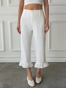 Livesso Fall White High Waist Solid Color Loose Straight Leg Casual Romantic Elegant Versatile Wide Leg Women's Long Pants Brunch Date Night - White - View 3