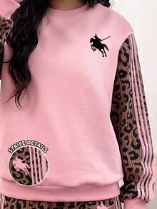 SHEIN Casuvi Kids 秋冬青少年女孩2件套，粉色拼接豹紋圓領衛衣與寬腿長褲，美式復古甜酷女孩套裝 - 彩色 - 查看 4