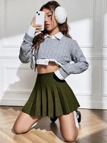 SHEIN EZwear 女款素色百褶針織裙 秋冬款 - 軍綠色 - 查看 5