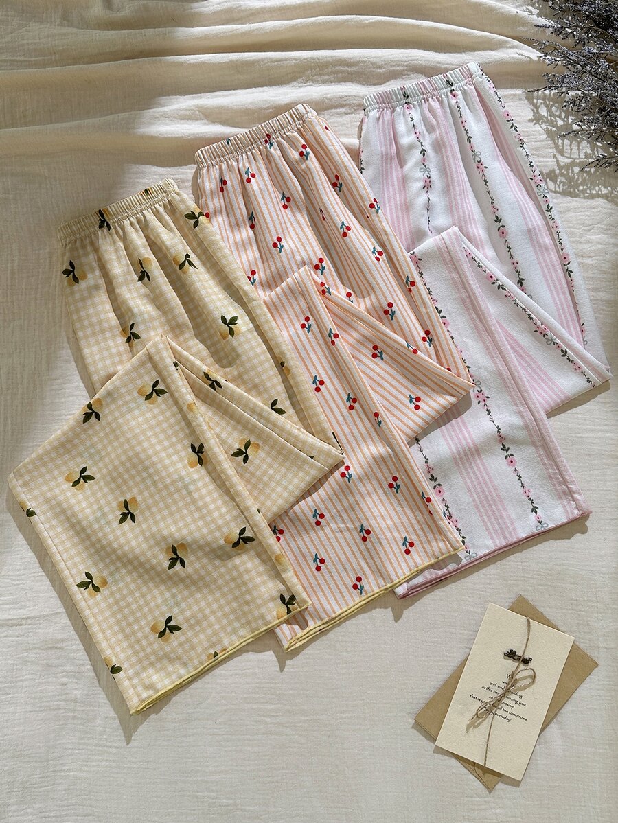 CottageSlumber 3pcs/Pack Women's Bubble & Ruched Floral Print Pajama Pants, Fall Winter Clothes - Multicolor - View 1