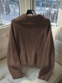 SuriyaCove Plus Size Coffee Brown Vintage Collegiate Style Casual Everyday Lapel Zip-Up Cardigan - Coffee Brown - View 2