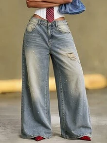 BriallanyX BriallanyX Women's Waist Button Design Double Pocket Distressed White Paint Splatter Fashion Denim Wide Leg Pants - Blue - View 2