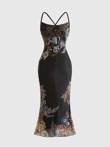 ROMWE Fairycore Women's Floral Print Elegant Cinched Waist Party Spaghetti Strap Dress - Black - View 2