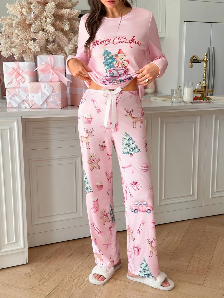 SweetSlumber Women's Letter & Cartoon Print Long Sleeve Top And Pants Casual Daily Home Sleepwear Set - Multicolor - View 1