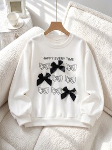 Hapijoa Girls' Bowknot Crew Neck Sweatshirt, Loose Fit Top, Versatile Autumn/Winter Style - White - View 3