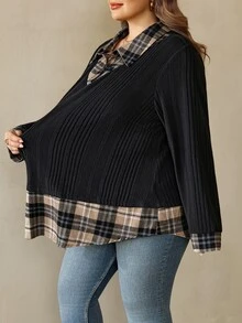 SHEIN CURVE+ Plus Size Women's Fashion Loose Colorblock Patchwork Faux Two-Piece Shirt - Black - View 3