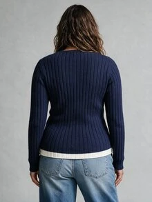 Nubod Plus Size Blue & White Colorblock Button Design Ribbed Slim Fit Long Sleeve 2 In 1 Sweater Casual Comfortable Commute - Blue - View 2