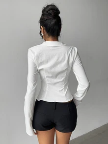 Aloruh 100%純棉女款襯衫，3D收腰設計，長袖，四季百搭，秋冬疊穿必備，現代都市時尚商務辦公穿搭，低調老錢風，優雅高端通勤機場造型，經典百搭街頭咖啡廳穿搭 - 彩色 - 查看 2