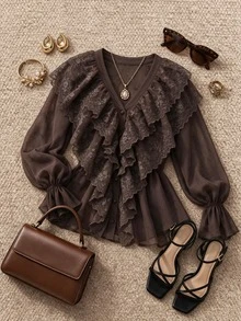 Grovea Plus Size Solid Color Fabric Double Layer Embroidered Lace Trim Collar French Elegant Long Sleeve Blouse For Women - Coffee Brown - View 2