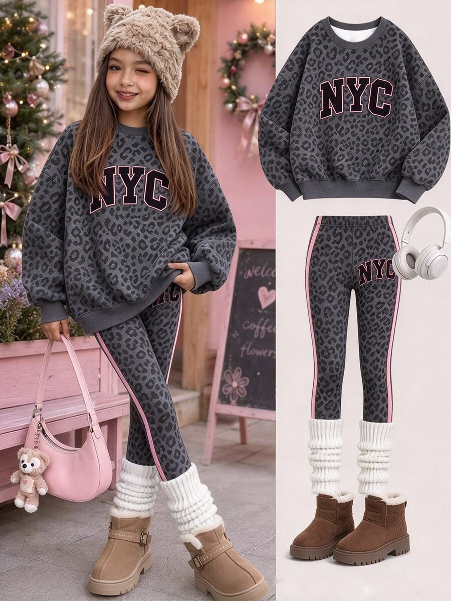 女童秋季新款灰色豹紋 NYC 字母圖案圓領衛衣與內搭褲 2 件套,寬鬆落肩長袖上衣,復古滿版豹紋休閒套裝,百搭日常街頭風,舒適親膚秋季穿搭,適合上學、購物與旅行 - 彩色 - 查看 1