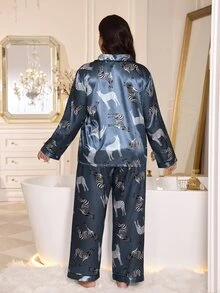 MuseNap CURVE Plus Size Faux Silk Floral Print Lapel Long Sleeve Pants Pajama Set - Dusty Blue - View 2