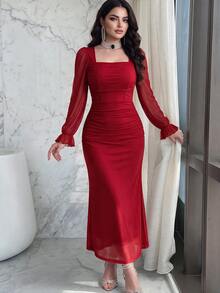 Modelyn 女款優雅純色網紗修身長洋裝，秋季長款晚禮服，夏季女裝洋裝 - 紅色 - 查看 7