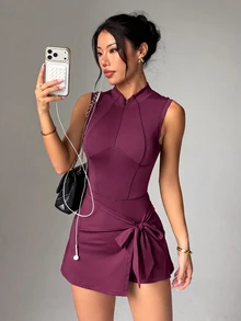 Dewbera Dewbera Women's Solid Color Casual Daily Summer Sports Dress - Flame scarlet - View 4