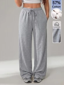 SHEIN Tall بنطال رياضي كاجوال نسائي بتصميم بسيط متعدد الاستخدامات بلون موحد مع خصر برباط وساق واسعة - رمادي - مشاهدة 8