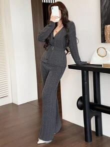 Feyla Women's 2 Pieces Set: V-Neck Cinched Waist Waist Knit Cardigan Jacket With Ribbed Long Sleeves And High-Waist Flared Pants - Grey - View 1