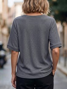 EMERY ROSE Spring/Autumn Casual Grey Lake Green Waffle Knit Round Neck 3/4 Rolled Sleeve Button Plus Size T-Shirt - Green - View 2